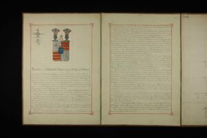 old document with coat of arms and st. thomas genealogical information